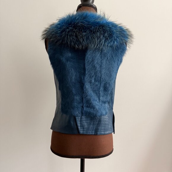 NWOT Blue Leather Vest Real Fox Fur L size - Picture 3 of 15